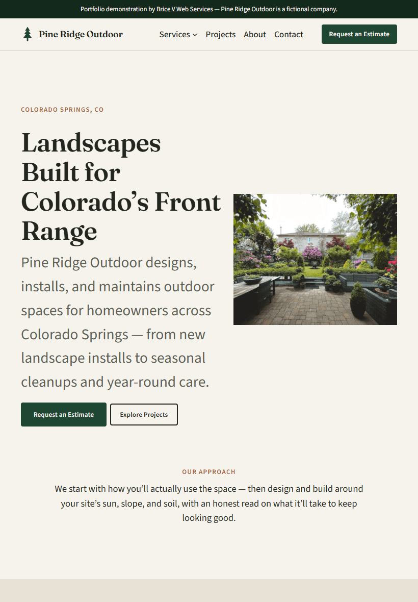 Pine Ridge Outdoor homepage shown on a tablet