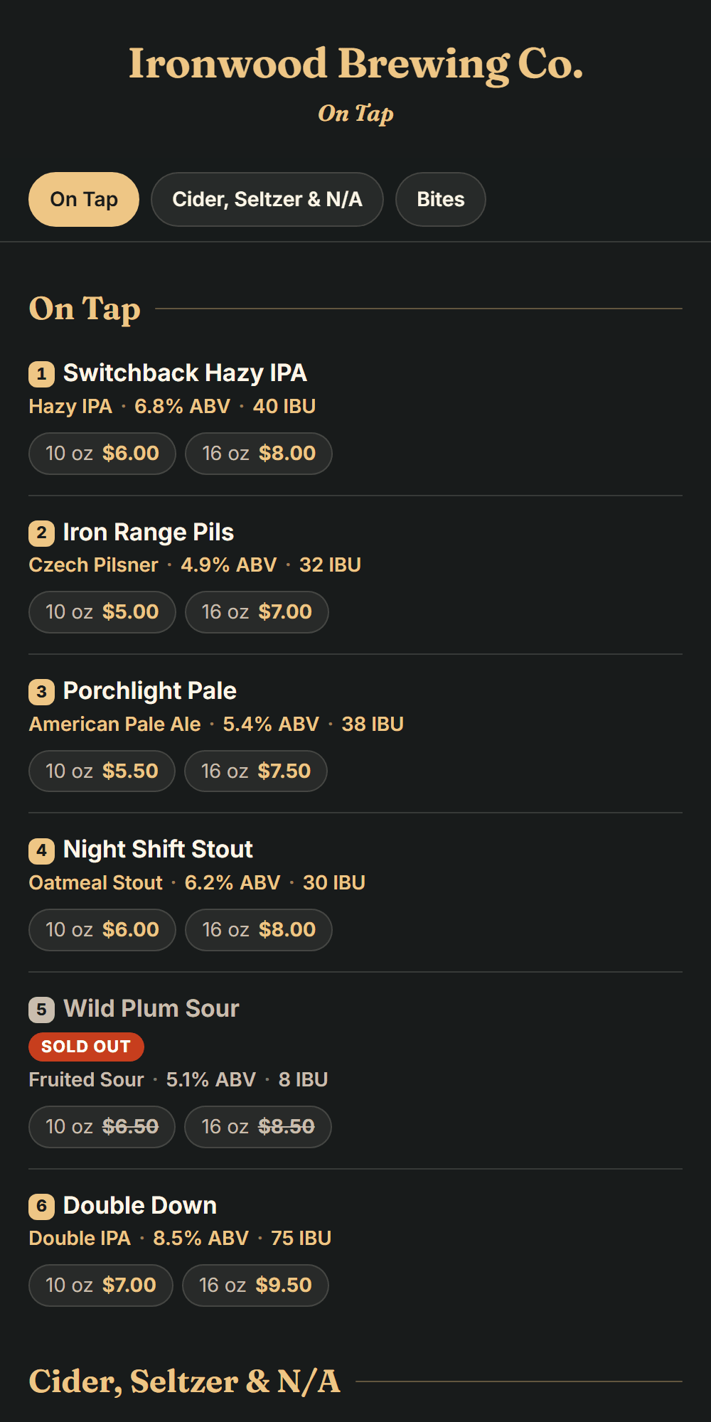 The same PourSlate menu as a mobile QR menu on a phone