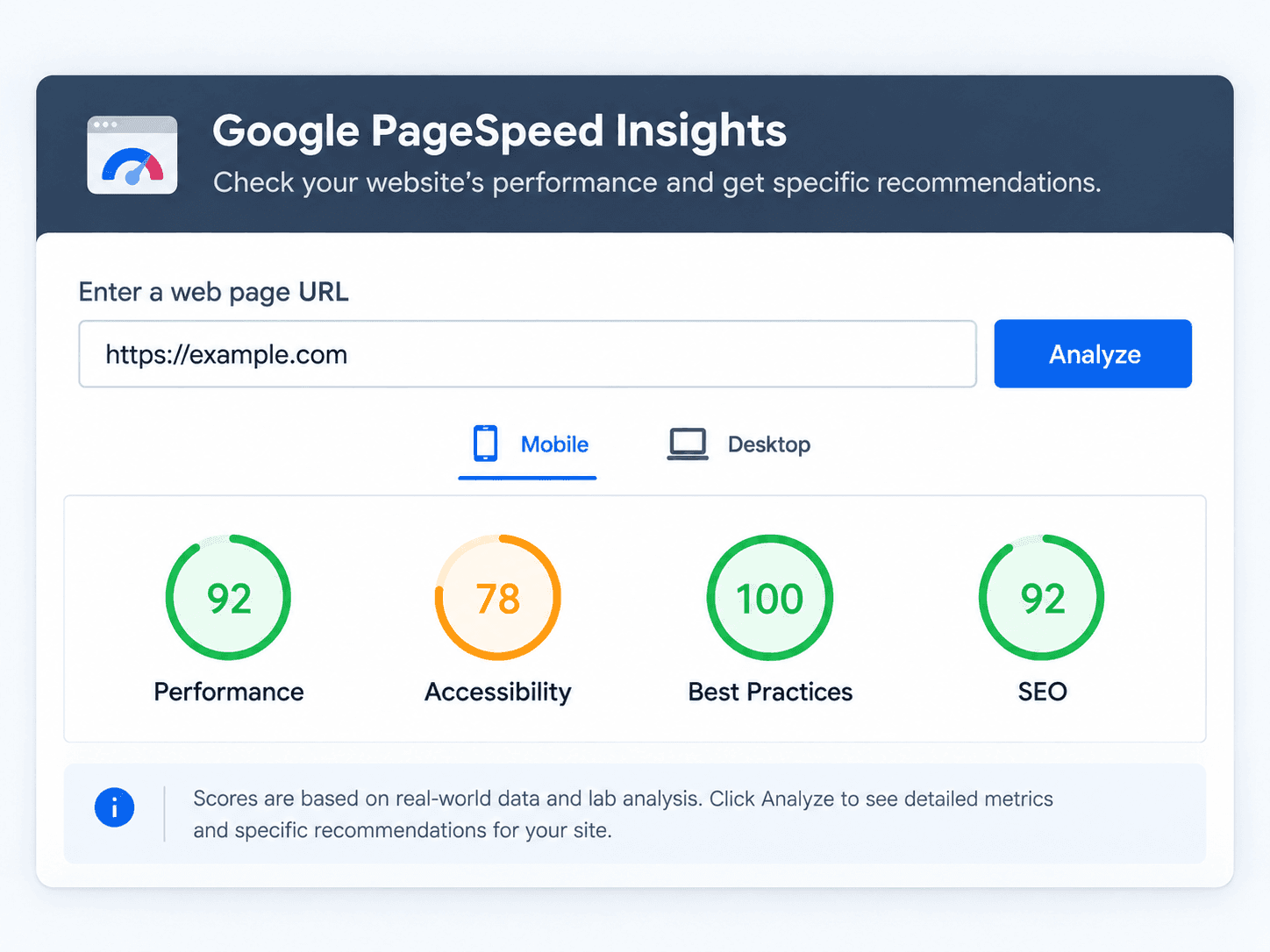 Google PageSpeed Insights example showing website performance scores