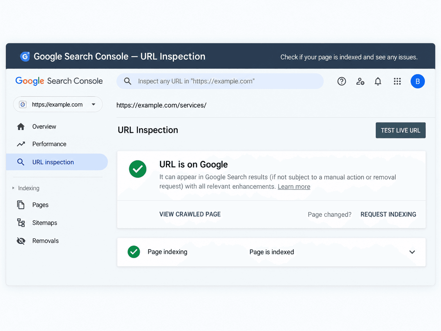 Google Search Console URL Inspection showing an indexed page