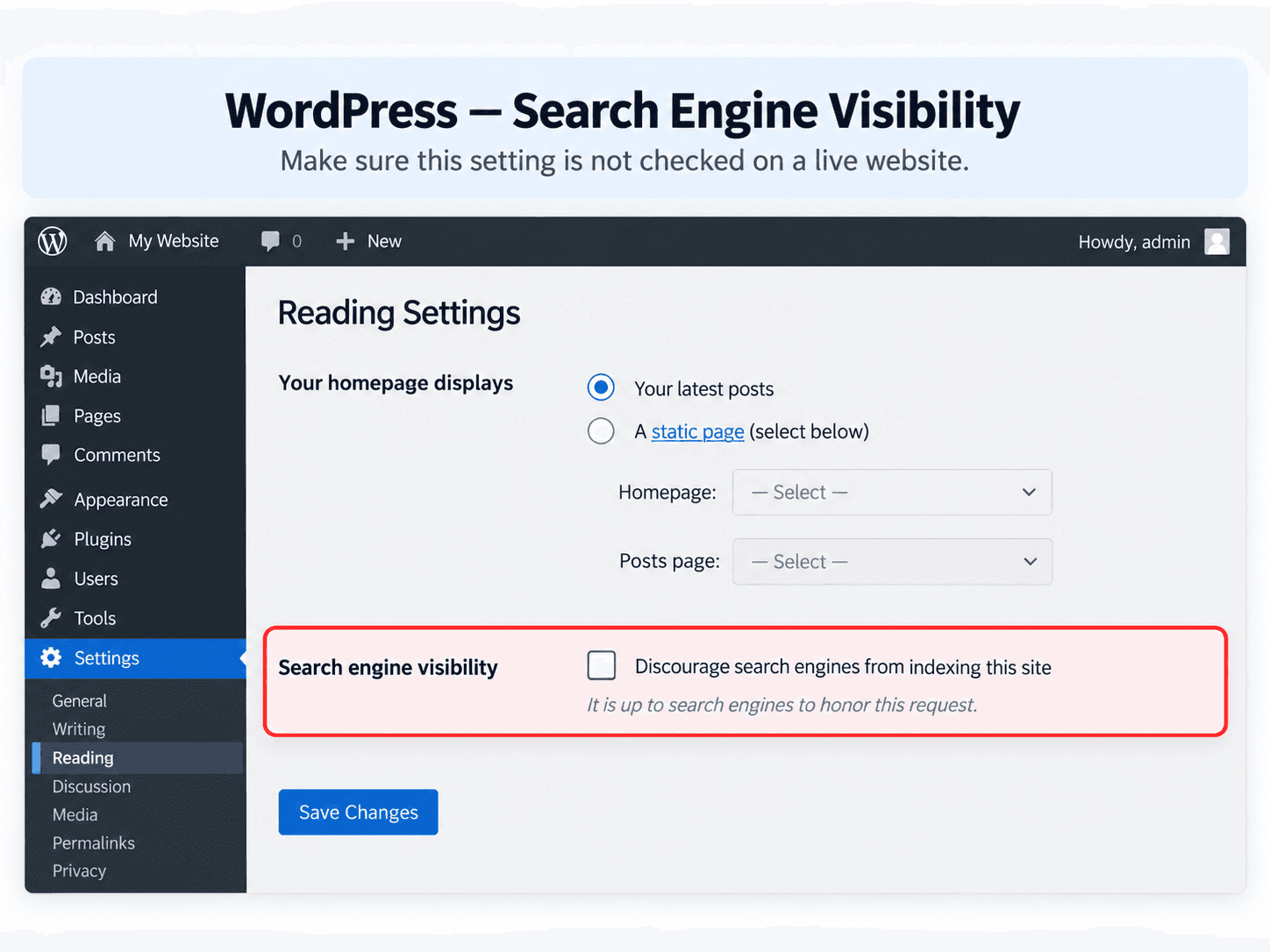 WordPress Reading settings showing the search engine visibility option
